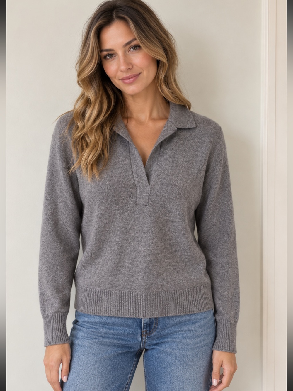 Quince Mongolian Cashmere Polo Sweater Womens XS Blue Pullover Deep V Neck